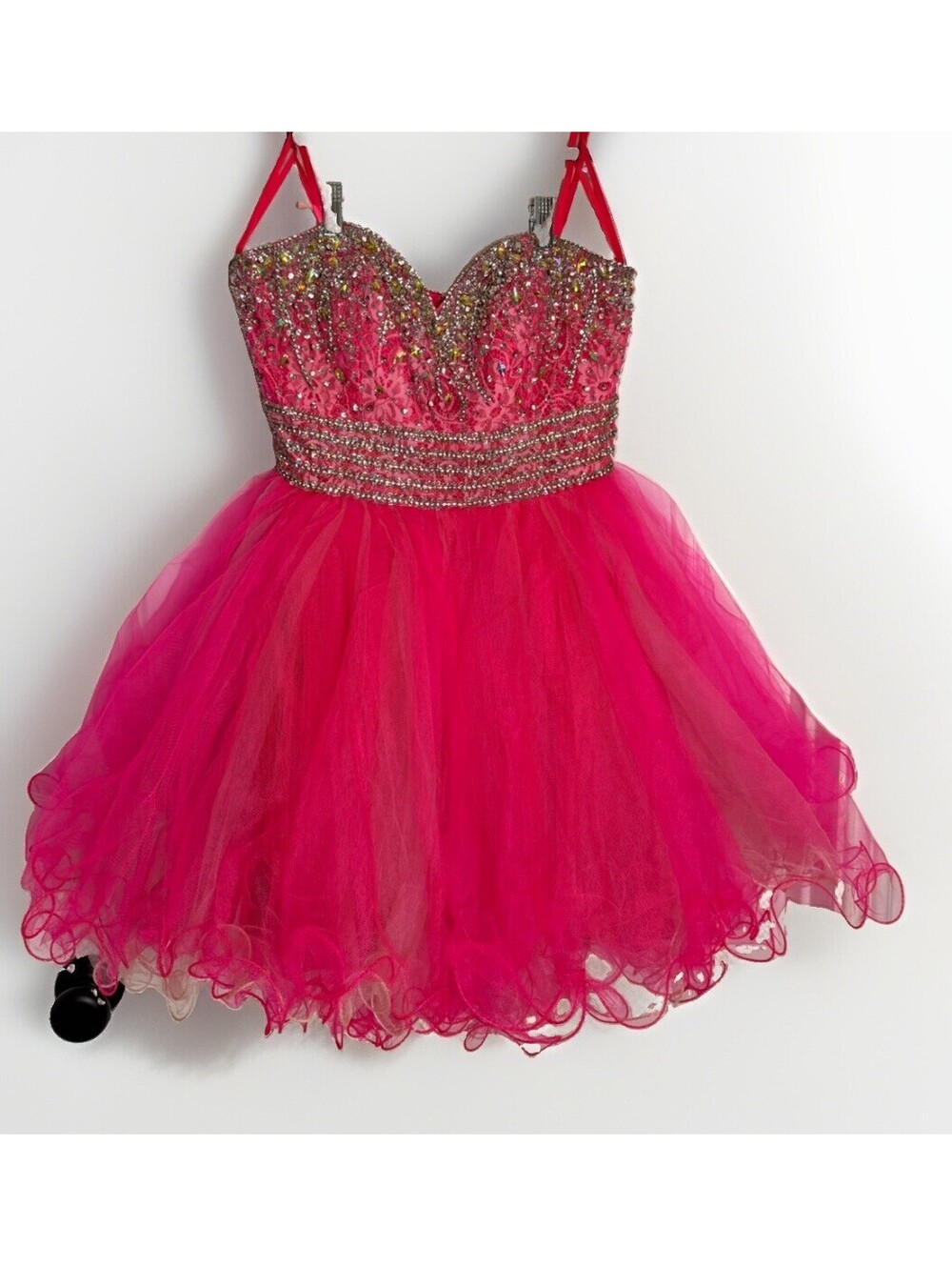 Hot Pink Sequin Tulle Dress Medium Strapless Homecoming 2010s Prom Lace Short